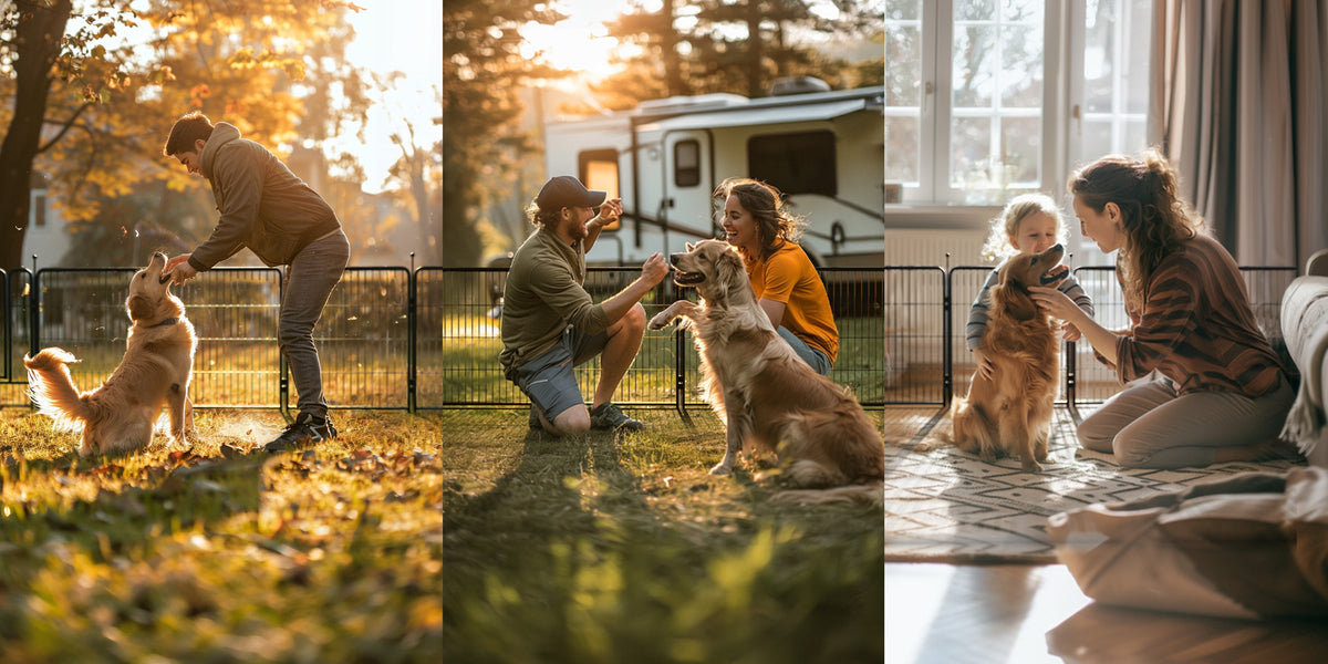 Two people rving with dog in a playpen