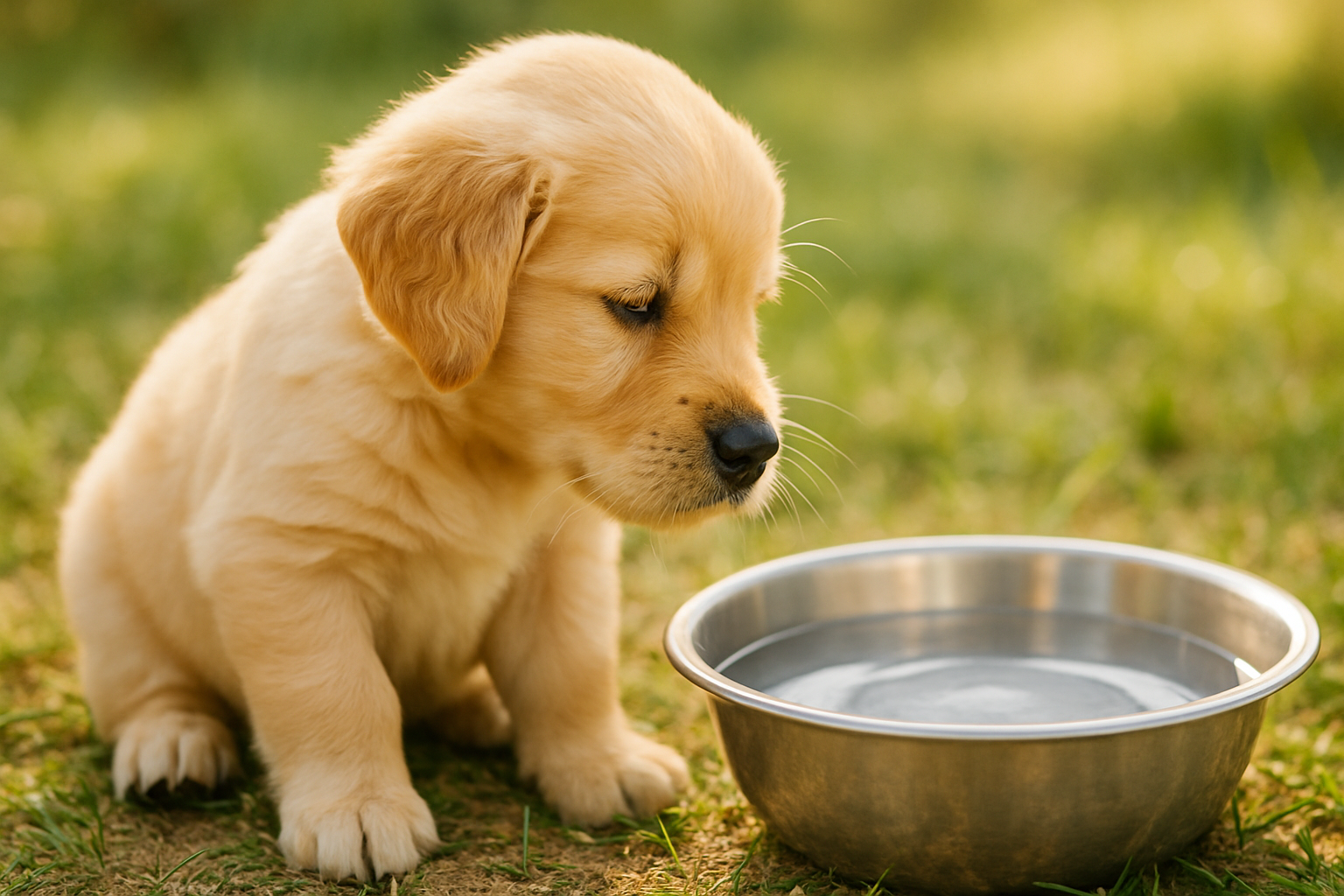 Golden Retriever puppy sitting on grass while curiously looking at a stainless steel bowl filled with water
