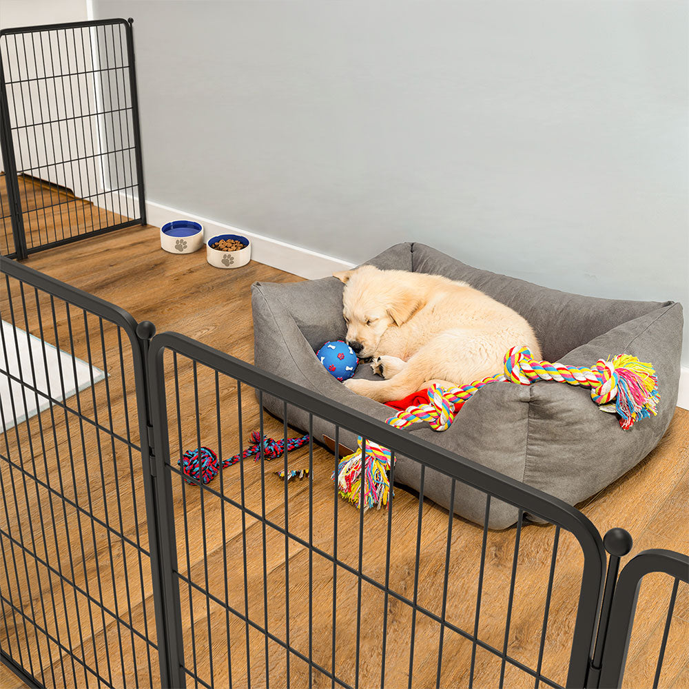 A puppy is sleeping in a playpen