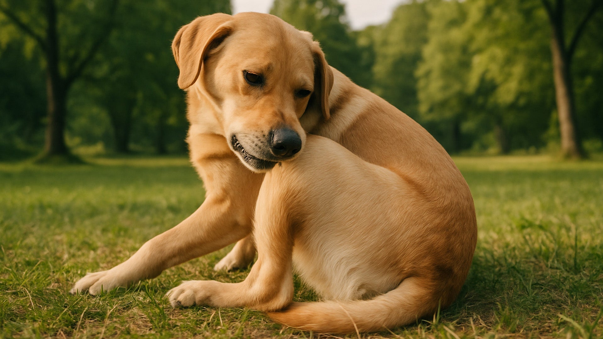 Golden retriever chewing on its back outdoors, showing common signs of itching or irritation in dogs