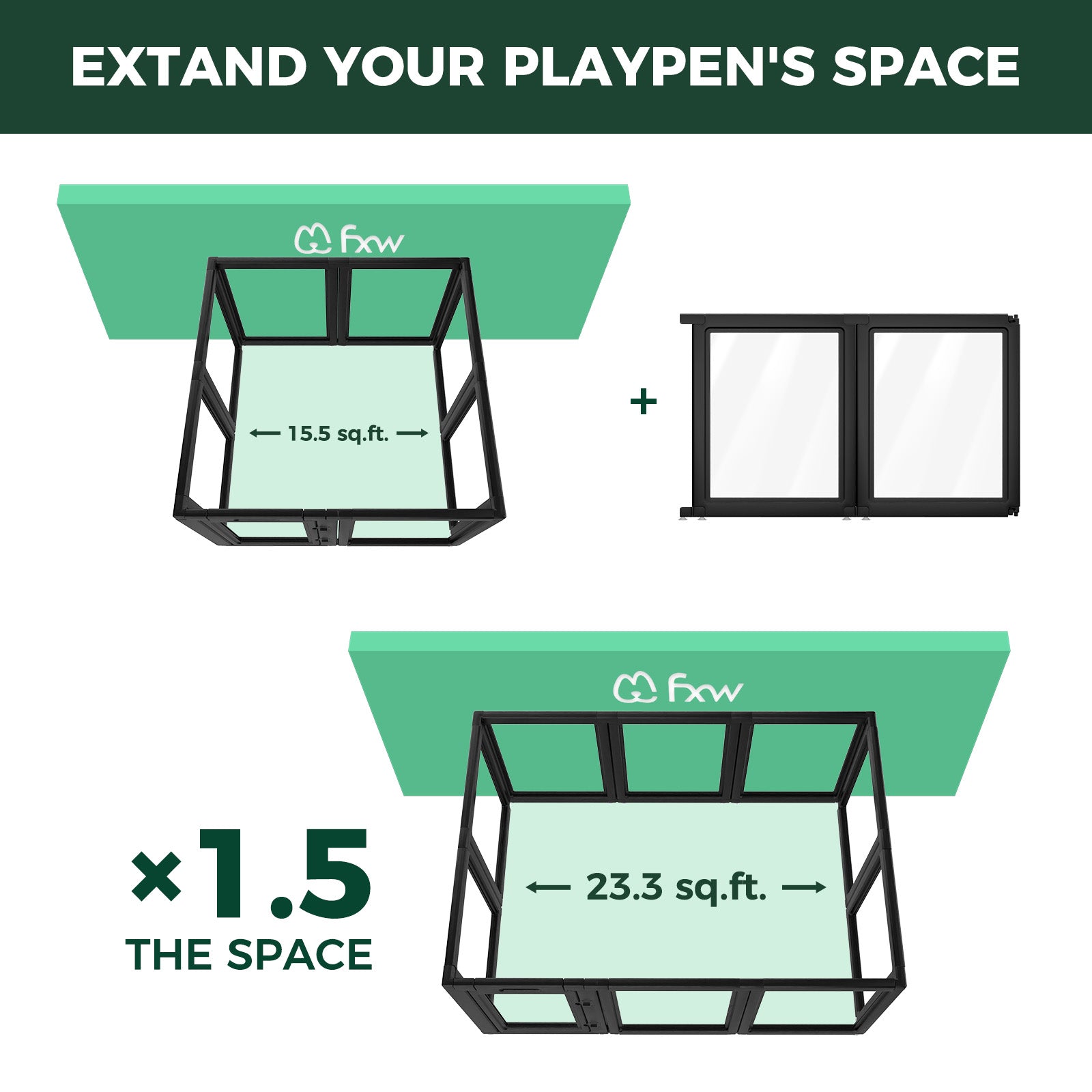 Diagram showing how to extend FXW AuraSpace acrylic playpen from 15.5 to 23.3 sq.ft. by adding expansion panels.