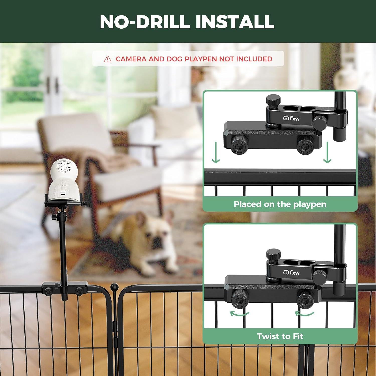 Dog playpen with camera installation system and dog inside.