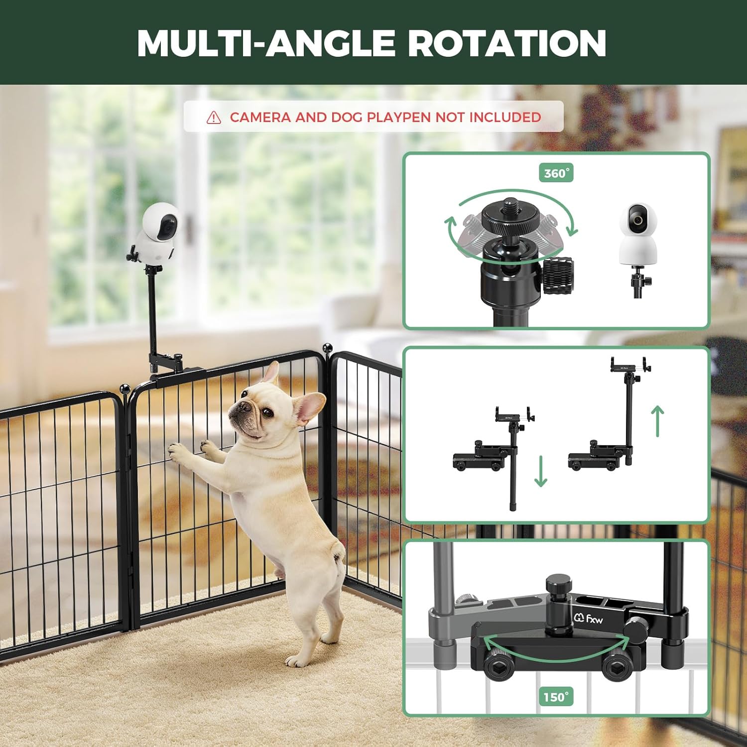 Dog playpen with multi-angle rotation feature and camera attachment, indoor setting.