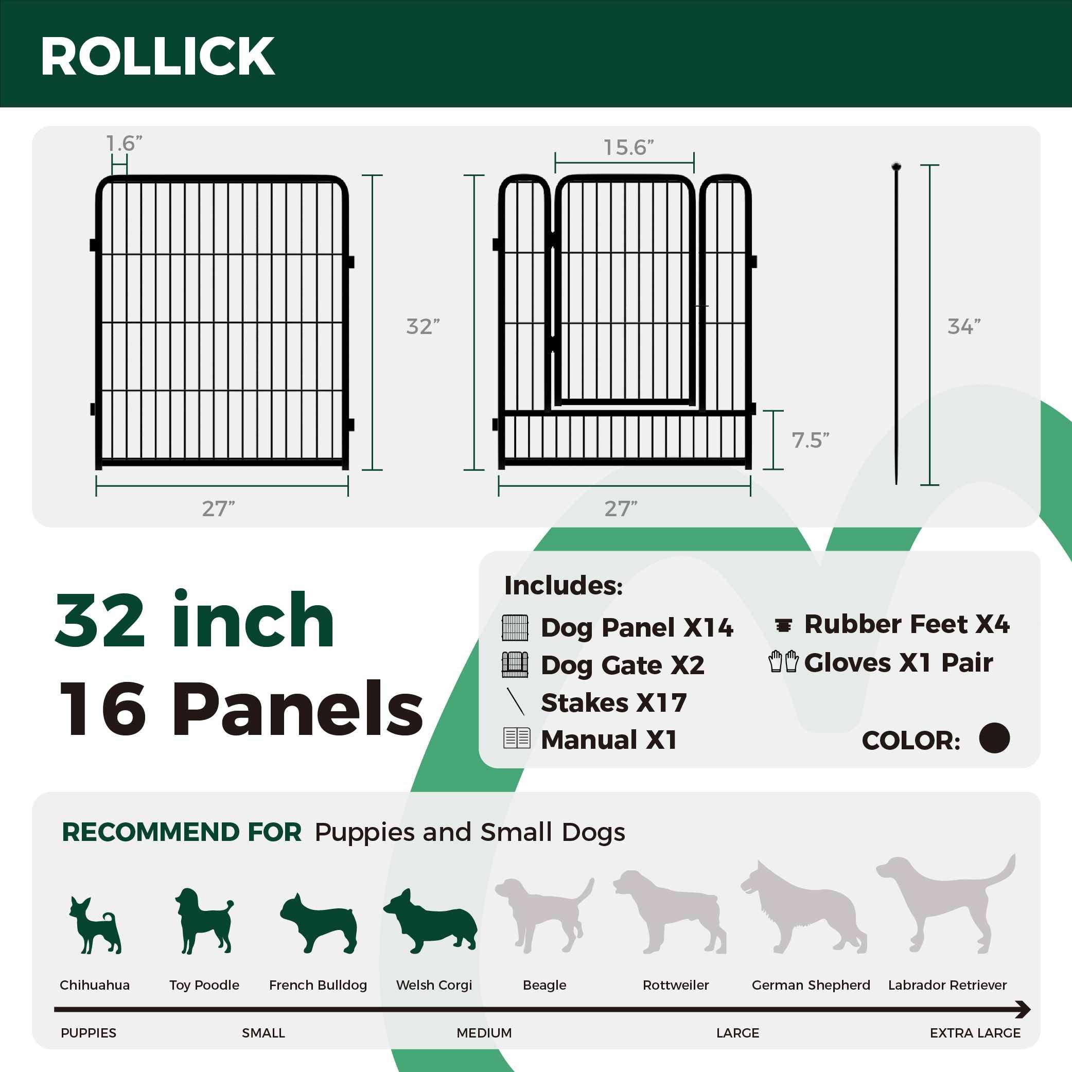 32 Inch 16 Panels Rollick Dog Playpen for All-Terrain FXW