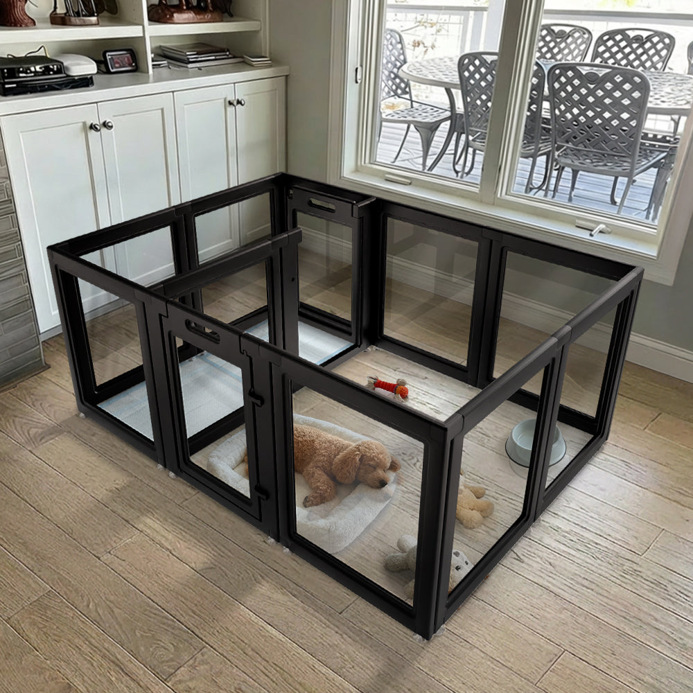 Pet playpen with a dog inside on a rug in a room with cabinets and chairs.