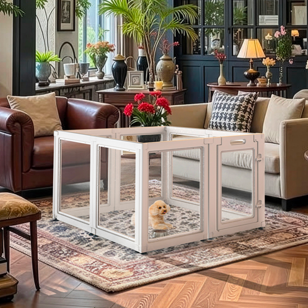 A little white poodle sitting in a FXW Auraspace dog playpen