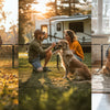 Two people rving with dog in a playpen 