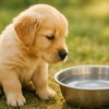 Golden Retriever puppy sitting on grass while curiously looking at a stainless steel bowl filled with water