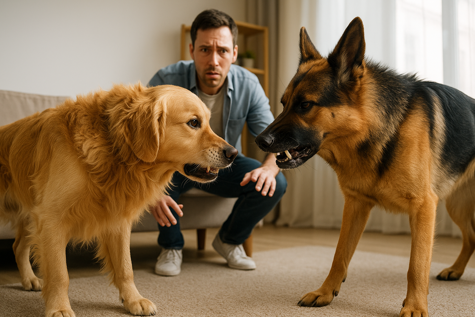A concerned man watches a Golden Retriever and a German Shepherd staring at each other in a tense standoff.