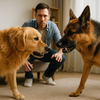 A concerned man watches a Golden Retriever and a German Shepherd staring at each other in a tense standoff.