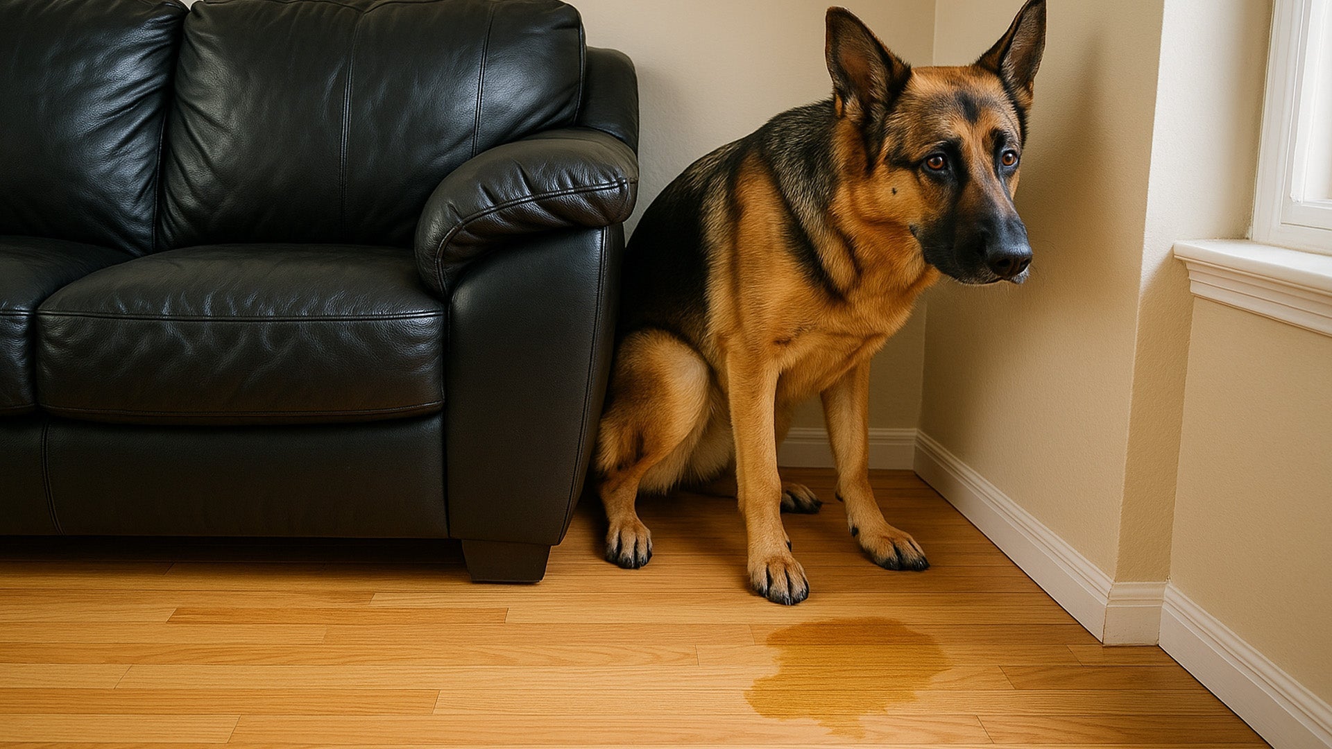 German Shepherd dog peeing on the floor next to a sofa, showing signs of house training issues.