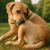 Golden retriever chewing on its back outdoors, showing common signs of itching or irritation in dogs