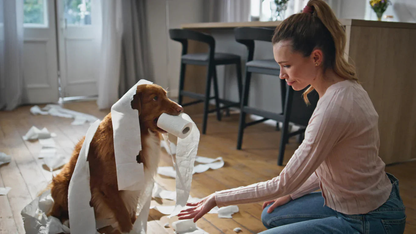 Woman training her dog indoors after the puppy made a mess with toilet paper