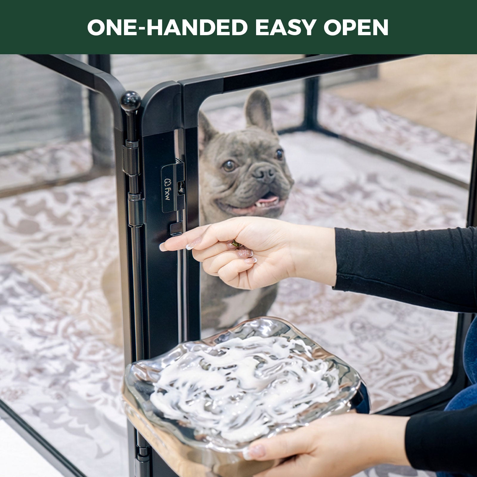 Person opening a pet door with a dog inside,  you can see it is One-Handed Easy Open'.