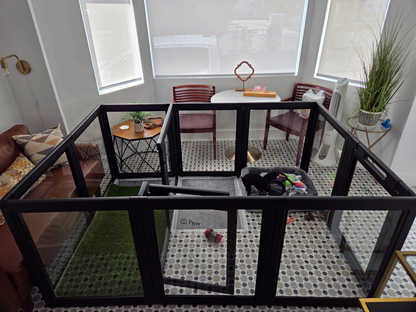 Black acrylic dog fence used as a room divider in a modern living room to protect furniture.
