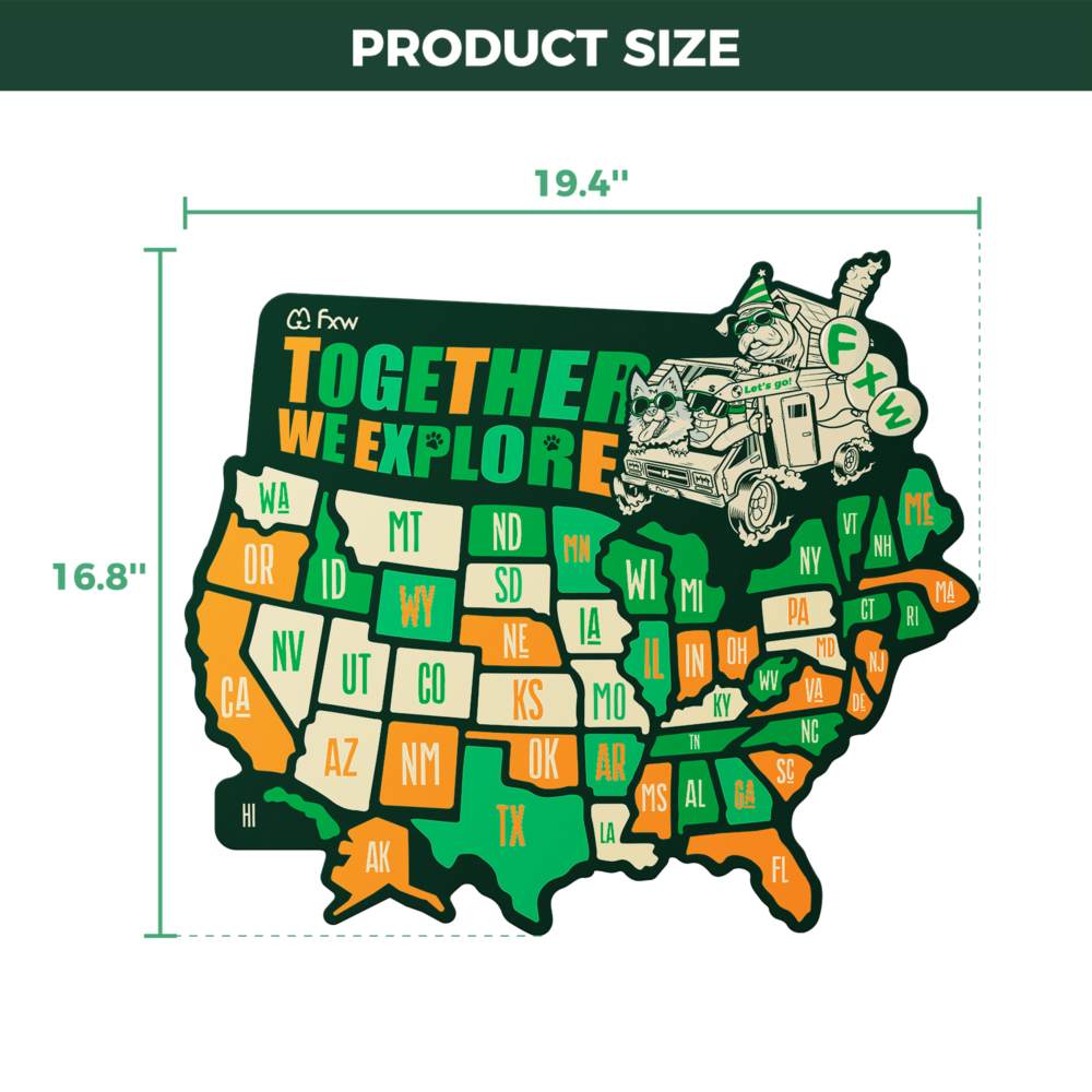 FXW RV State Sticker Travel Map - 50 USA State Decals with Scenic Illustrations