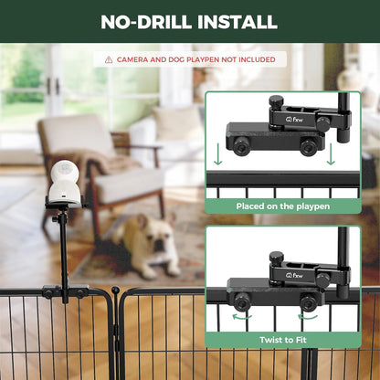 Dog playpen with camera installation system and dog inside.