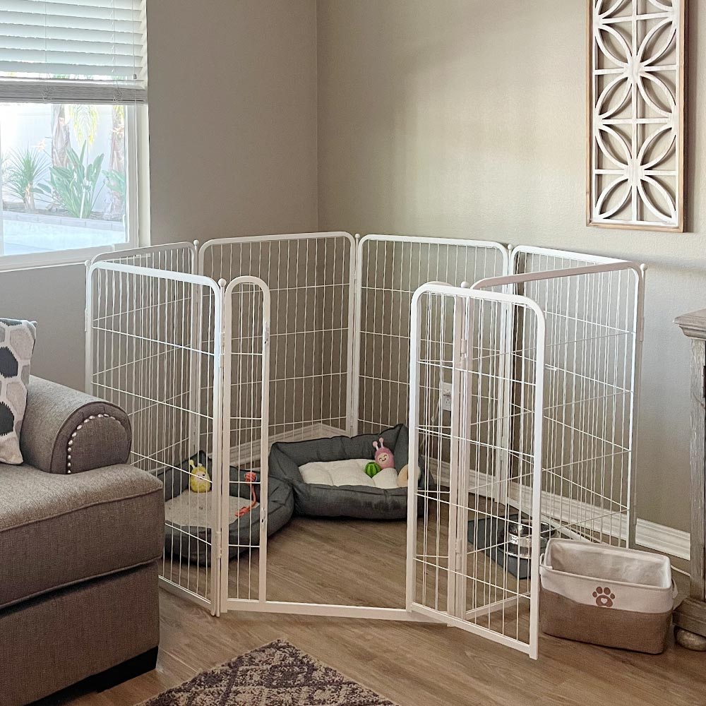 Bundle - White Homeplus Dog Playpen & Fence-to- Wall Anchor & Pee Pad (3 PCs) FXW