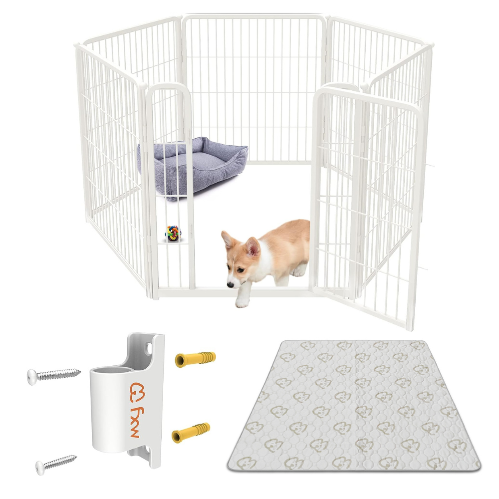 Bundle - White Homeplus Dog Playpen & Fence-to- Wall Anchor & Pee Pad (3 PCs)