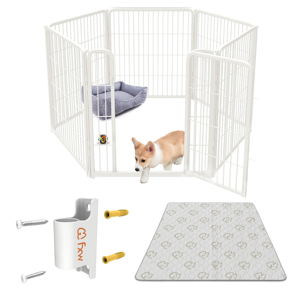Bundle - White Homeplus Dog Playpen & Fence-to- Wall Anchor & Pee Pad (3 PCs) FXW