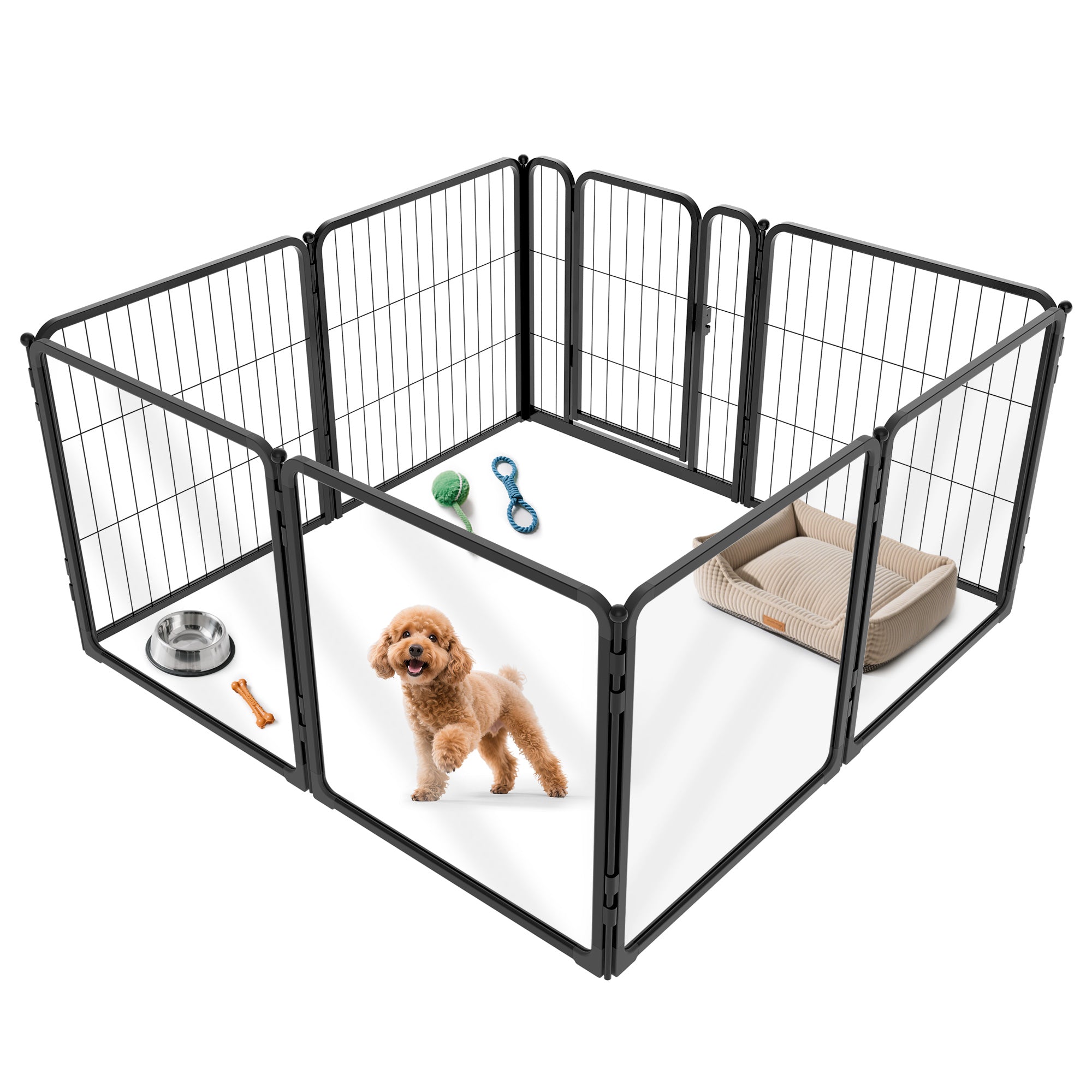 Pet playpen with a dog inside on a white background